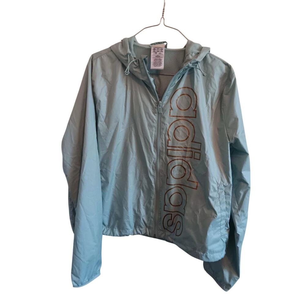 Adidas Windbreaker Women's Size Large, Hooded Aqua, Net Lining, Pockets Active